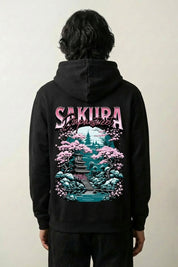 Sweat sakura noir, vue dos : cerisier en fleurs et pagode japonaise, style streetwear japonais - Japanstreet