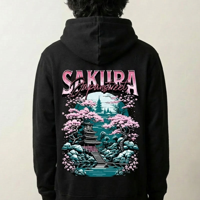 Sweat sakura noir, vue dos : cerisier en fleurs et pagode japonaise, style streetwear japonais - Japanstreet