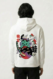 Sweat streetwear japonais blanc, vue dos : grenouille samouraï brandissant un katana, esprit yokai, style streetwear japonais - Japanstreet