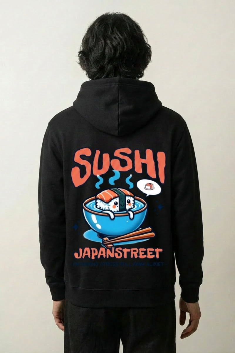 Sweat sushi noir, vue dos : bol de sushi au saumon avec baguettes, style streetwear japonais - Japanstreet