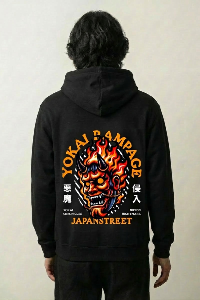 Sweat yokai japonais noir, vue dos : démon oni cerné de flammes, style streetwear japonais - Japanstreet