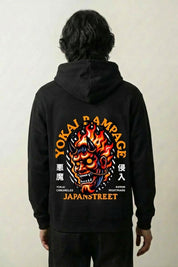 Sweat yokai japonais noir, vue dos : démon oni cerné de flammes, style streetwear japonais - Japanstreet