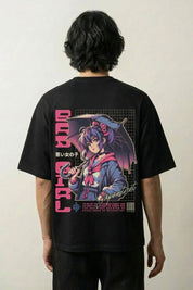 T-shirt anime noir, vue dos : personnage féminin bad girl sous un parapluie, style streetwear japonais - Japanstreet