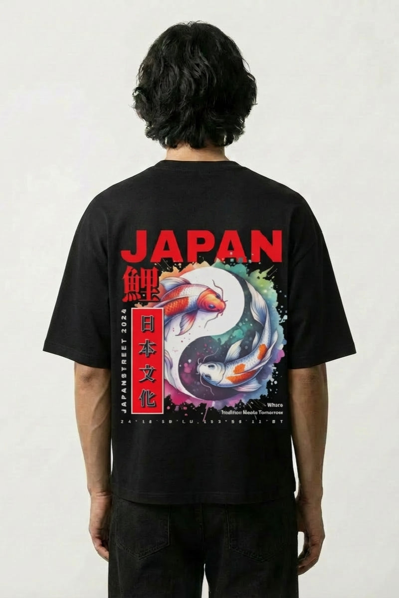 T-shirt carpe japonaise noir, vue dos : deux carpes koï formant un yin-yang, style streetwear japonais - Japanstreet