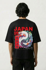 T-shirt carpe japonaise noir, vue dos : deux carpes koï formant un yin-yang, style streetwear japonais - Japanstreet