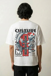 T-shirt coton japonais blanc, vue dos : discret motif de carpe koï, basique heavy, style streetwear japonais - Japanstreet