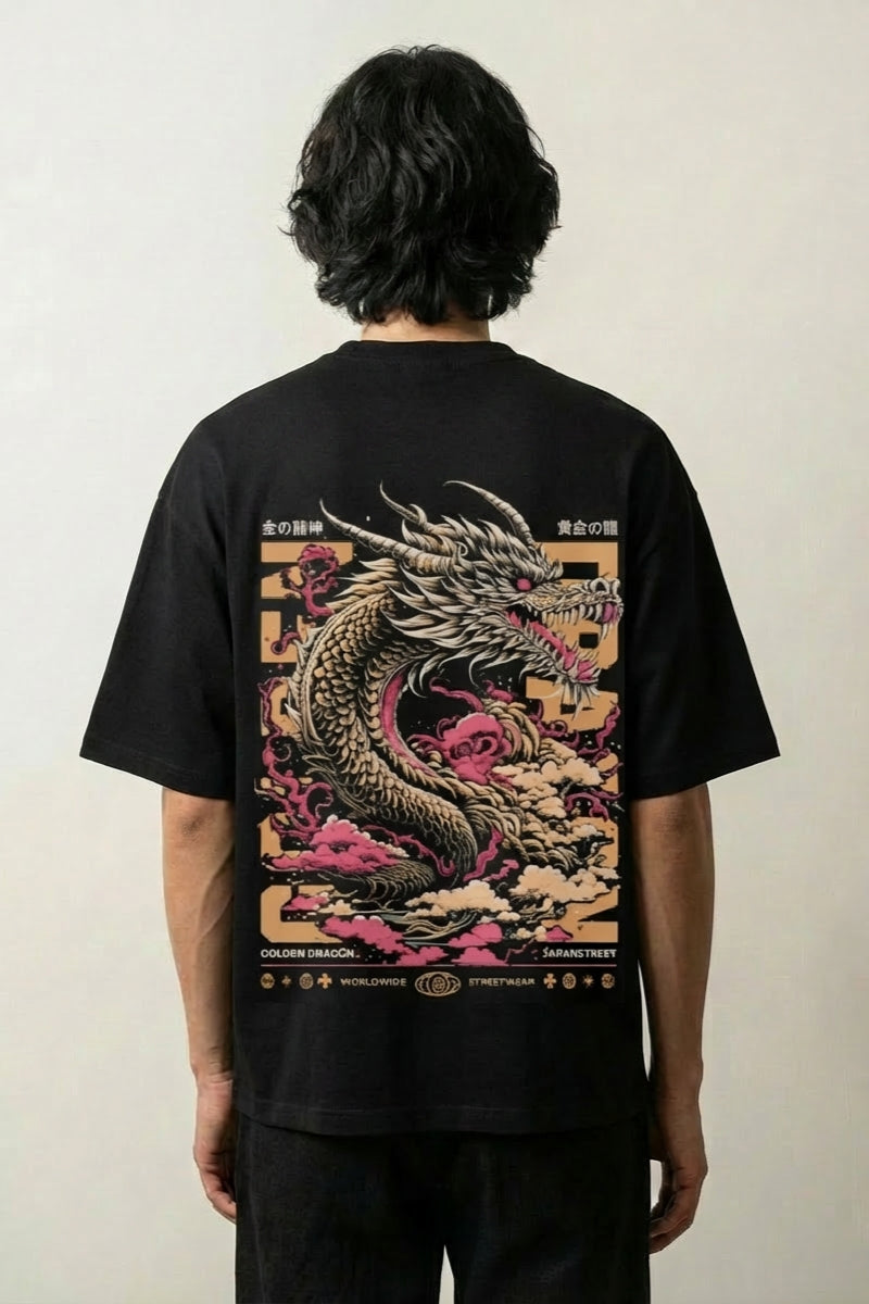 T-shirt dragon japonais noir, vue dos : dragon doré dans le style mythologique du ryu, style streetwear japonais - Japanstreet