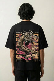 T-shirt dragon japonais noir, vue dos : dragon doré dans le style mythologique du ryu, style streetwear japonais - Japanstreet