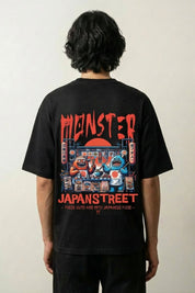 T-shirt food truck japonais noir, vue dos : food truck monster sous un grand soleil rouge, style streetwear japonais - Japanstreet