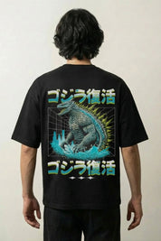 T-shirt kaijū noir, vue dos : monstre géant dressé au milieu d'une ville en ruines, style streetwear japonais - Japanstreet