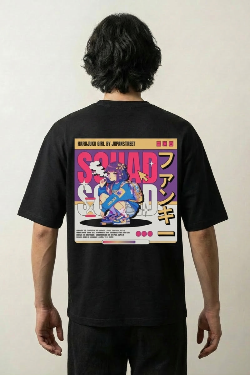 t-shirt harajuku noir vue dos squad funky personnage anime style streetwear japonais Japanstreet