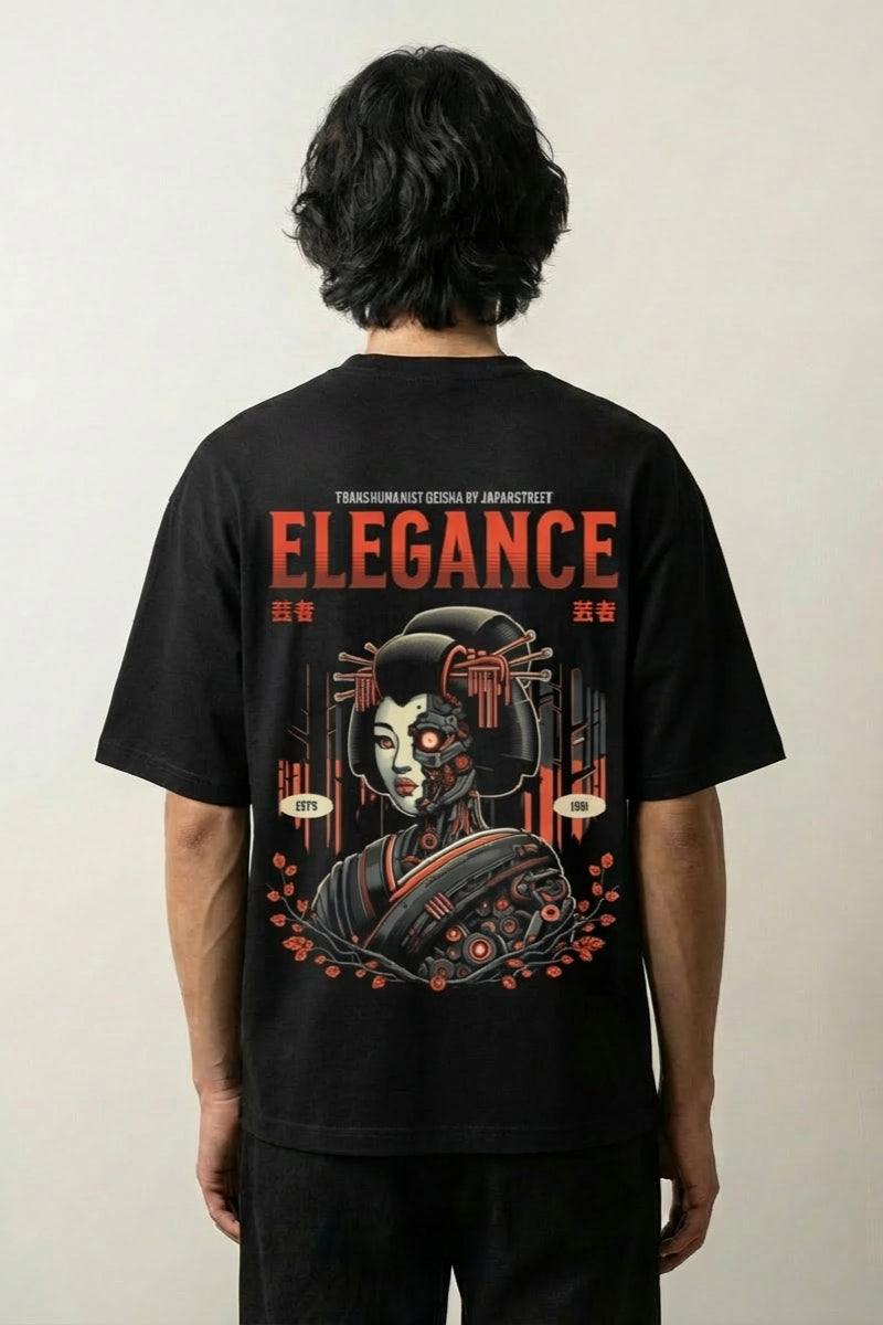 T-shirt cyberpunk japonais noir, vue dos : geisha cyborg, transhumanist elegance, style streetwear japonais - Japanstreet