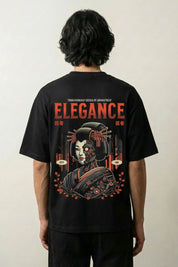T-shirt cyberpunk japonais noir, vue dos : geisha cyborg, transhumanist elegance, style streetwear japonais - Japanstreet