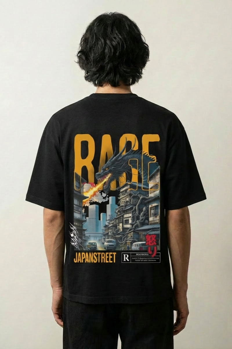 T-shirt japonais homme noir, vue dos : dragon en furie fondant sur une ville, style streetwear japonais - Japanstreet