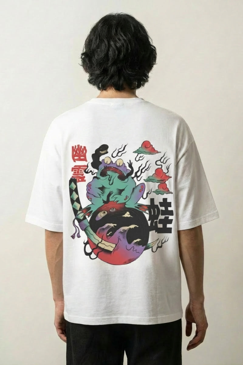 T-shirt japonais rétro blanc, vue dos : grenouille samouraï brandissant un katana, yokai vintage, style streetwear japonais - Japanstreet