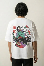 T-shirt japonais rétro blanc, vue dos : grenouille samouraï brandissant un katana, yokai vintage, style streetwear japonais - Japanstreet