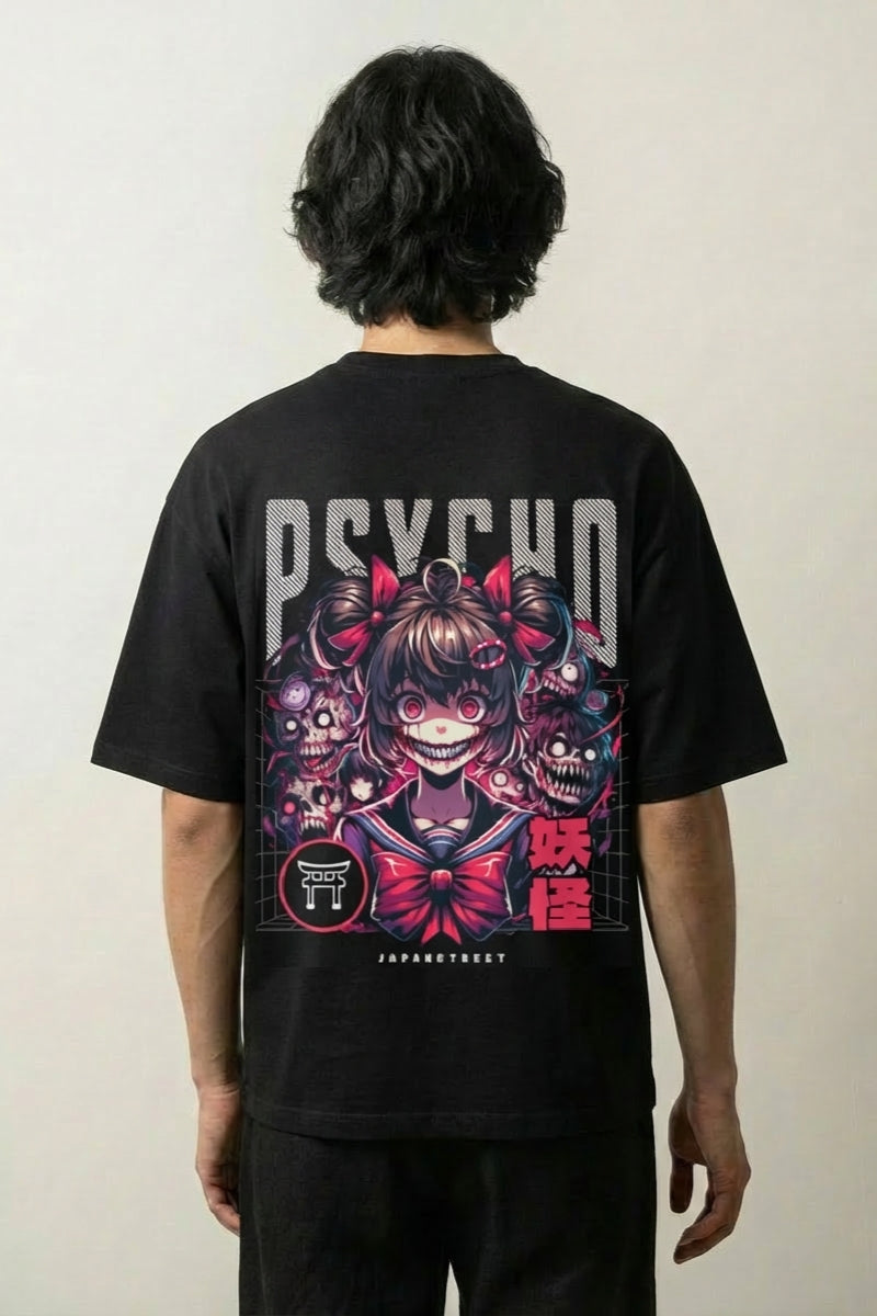 T-shirt manga noir, vue dos : personnage au registre psycho et atmosphère yokai, style streetwear japonais - Japanstreet