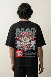 T-shirt motif japonais noir, vue dos : masque hannya à cornes du théâtre nô, style streetwear japonais - Japanstreet