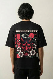 T-shirt oni japonais noir, vue dos : masque hannya du théâtre nô, style streetwear japonais - Japanstreet