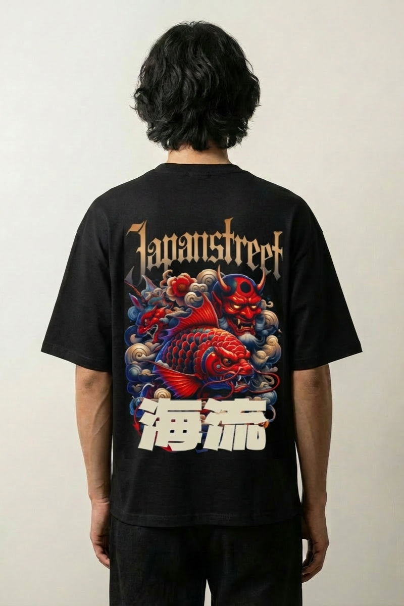 T-shirt oversize japonais noir, vue dos : oni, carpe koï et vague, style streetwear japonais - Japanstreet