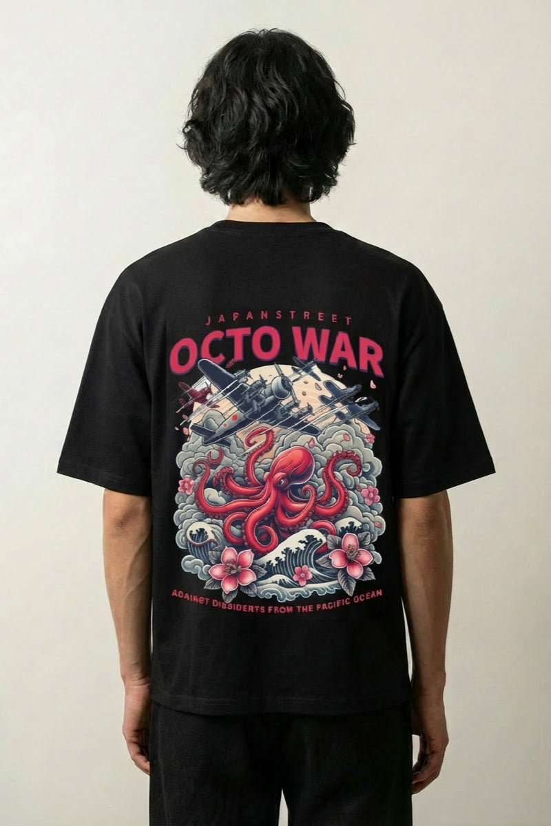 T-shirt poulpe japonais beige, vue dos : pieuvre dans les vagues, esprit octo war, style streetwear japonais - Japanstreet