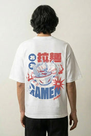 T-shirt ramen fury blanc, vue dos : bol de ramen surmonté d'un dragon déchaîné, style streetwear japonais - Japanstreet