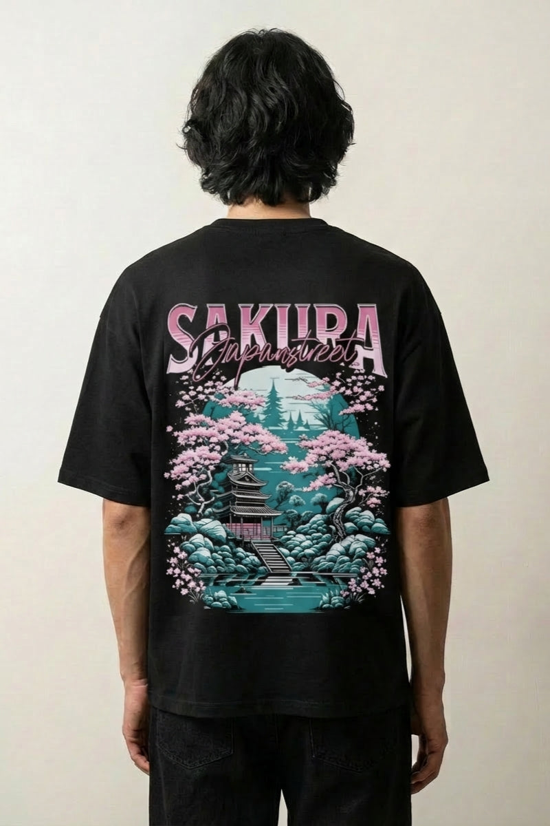 t-shirt sakura noir vue dos cerisier pagode style streetwear japonais Japanstreet