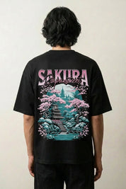 T-shirt sakura noir, vue dos : cerisier en fleurs et pagode japonaise, graphisme streetwear japonais - Japanstreet