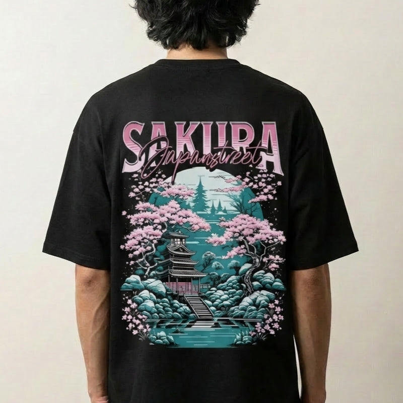 T-shirt sakura noir, vue dos : cerisier en fleurs et pagode japonaise, graphisme streetwear japonais - Japanstreet