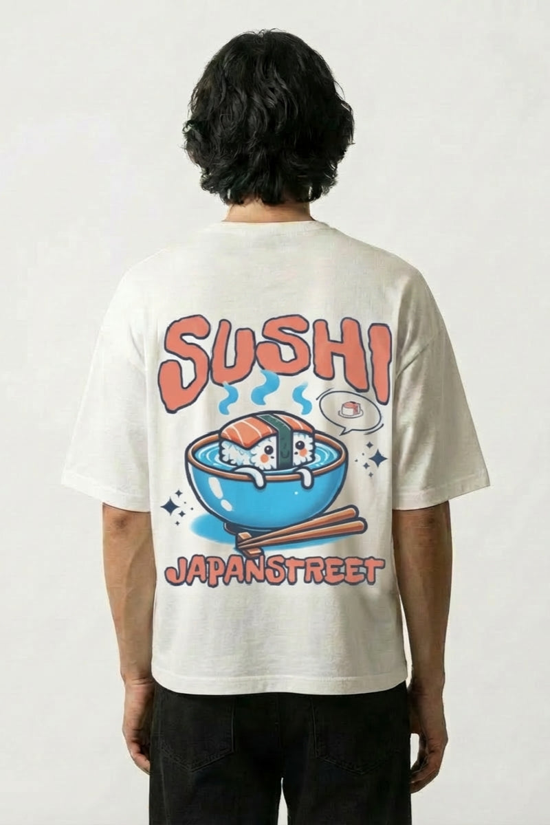 T-shirt sushi blanc, vue dos : bol de sushi au saumon avec baguettes, style streetwear japonais - Japanstreet