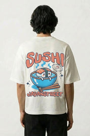 T-shirt sushi blanc, vue dos : bol de sushi au saumon avec baguettes, style streetwear japonais - Japanstreet