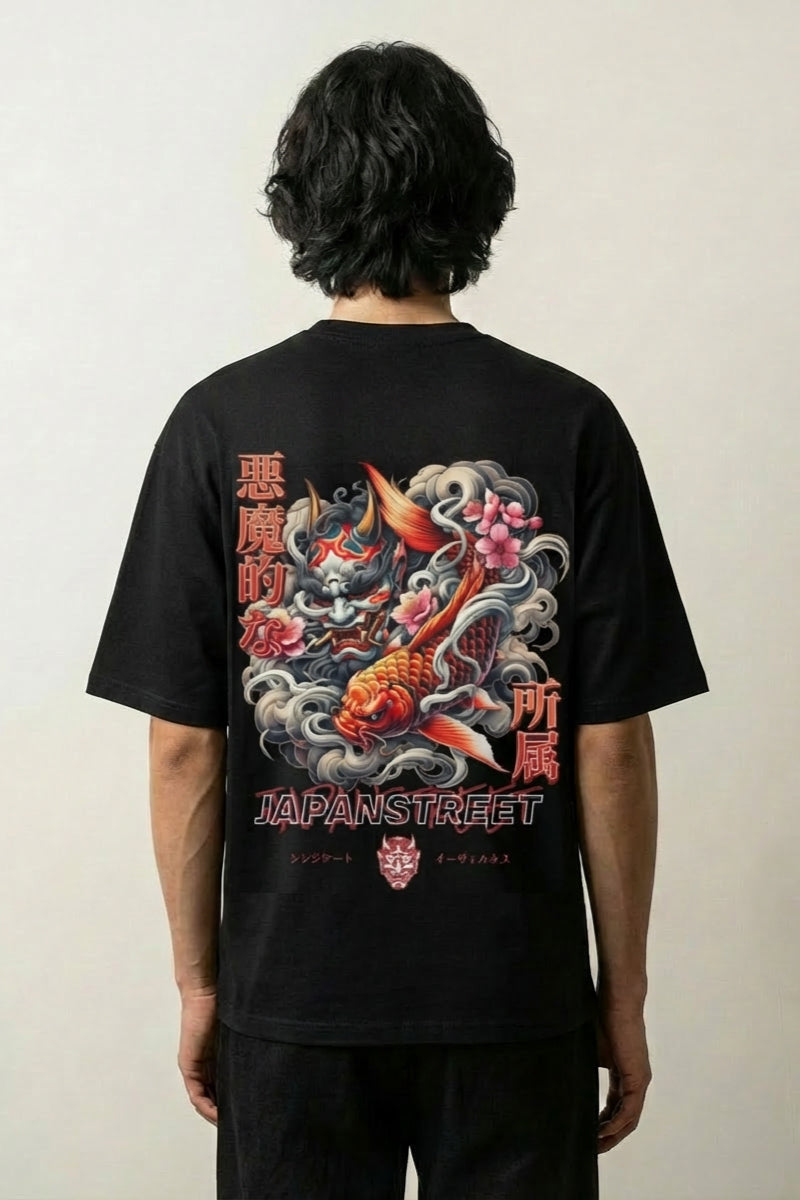 T-shirt vintage japonais noir, vue dos : carpe koï luttant dans une vague, ambiance yokai vintage, style streetwear japonais - Japanstreet