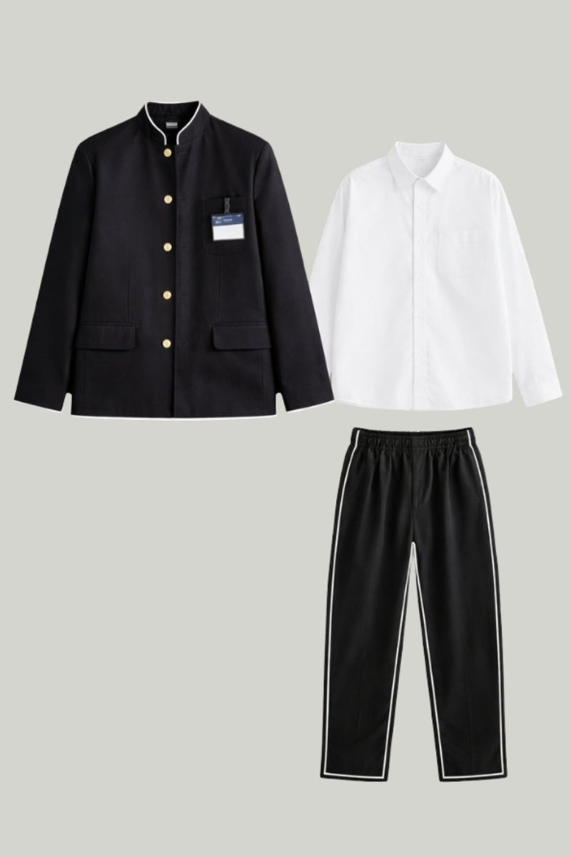 Ensemble uniforme scolaire japonais Gakuran à plat : veste col mao, chemise blanche et pantalon noir - Japanstreet