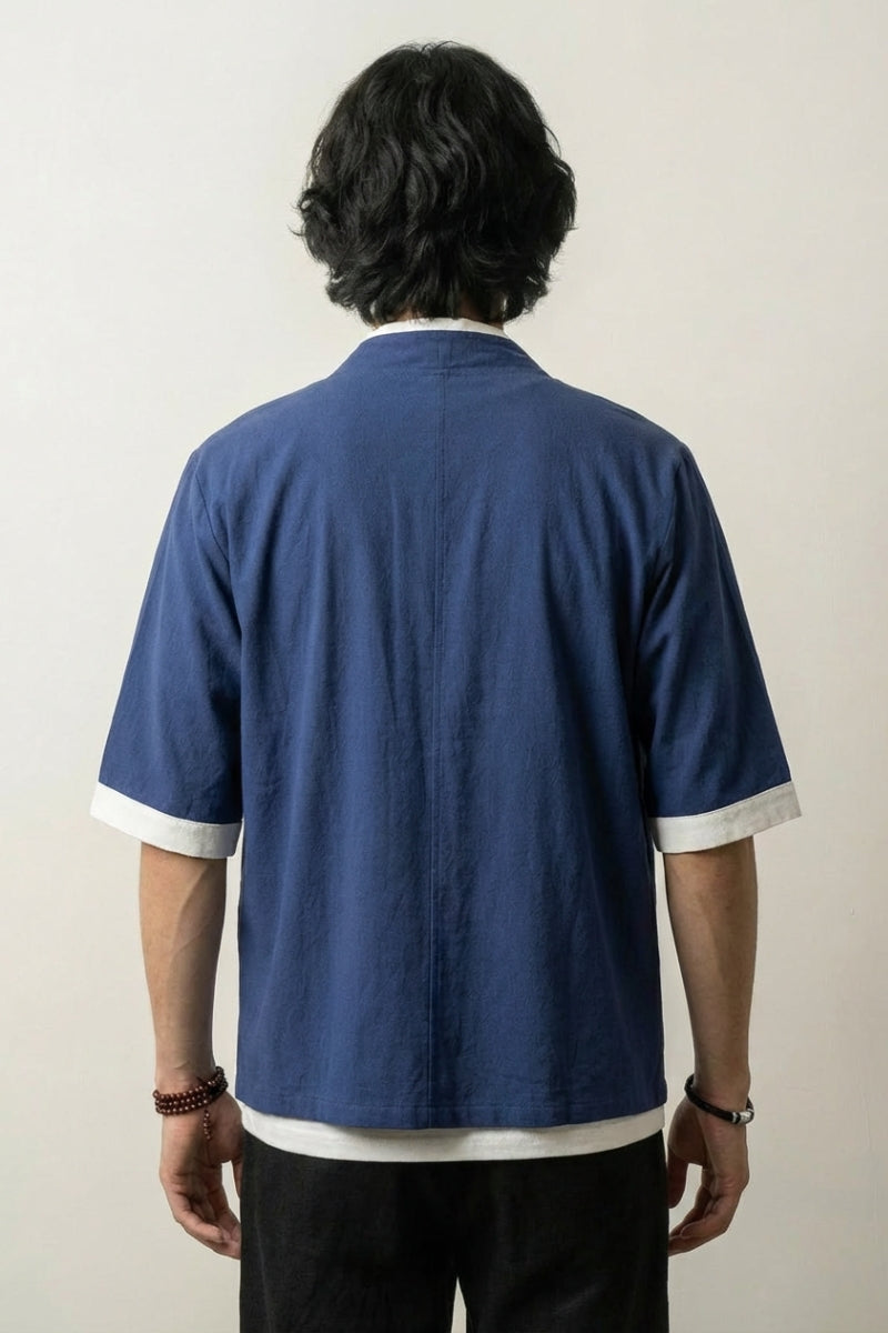 Veste de kimono homme Bleu Hideki marine vue dos coton manches courtes streetwear japonais Japanstreet