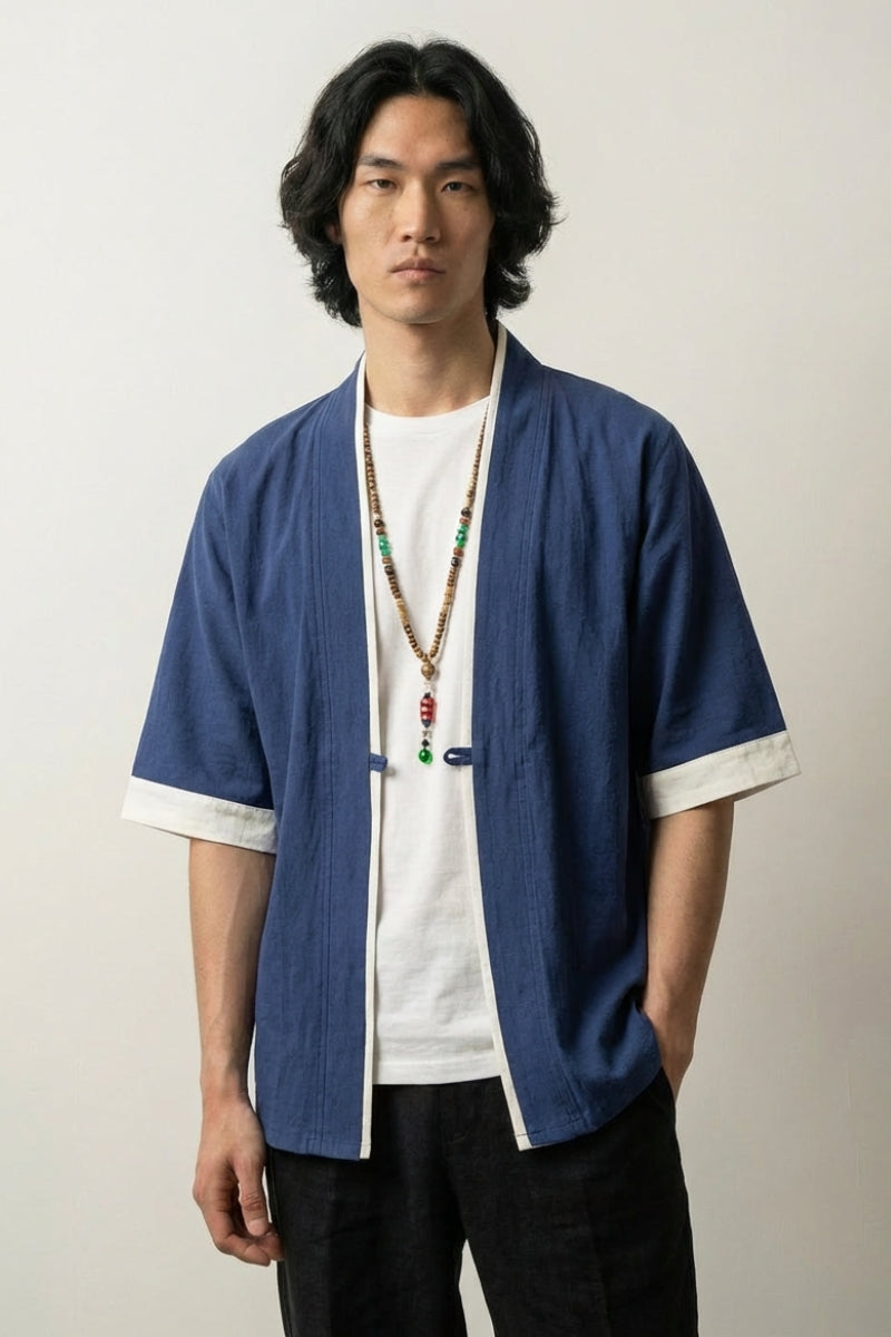 Veste de kimono homme Bleu Hideki marine coton liseré blanc manches courtes col en V style streetwear japonais Japanstreet