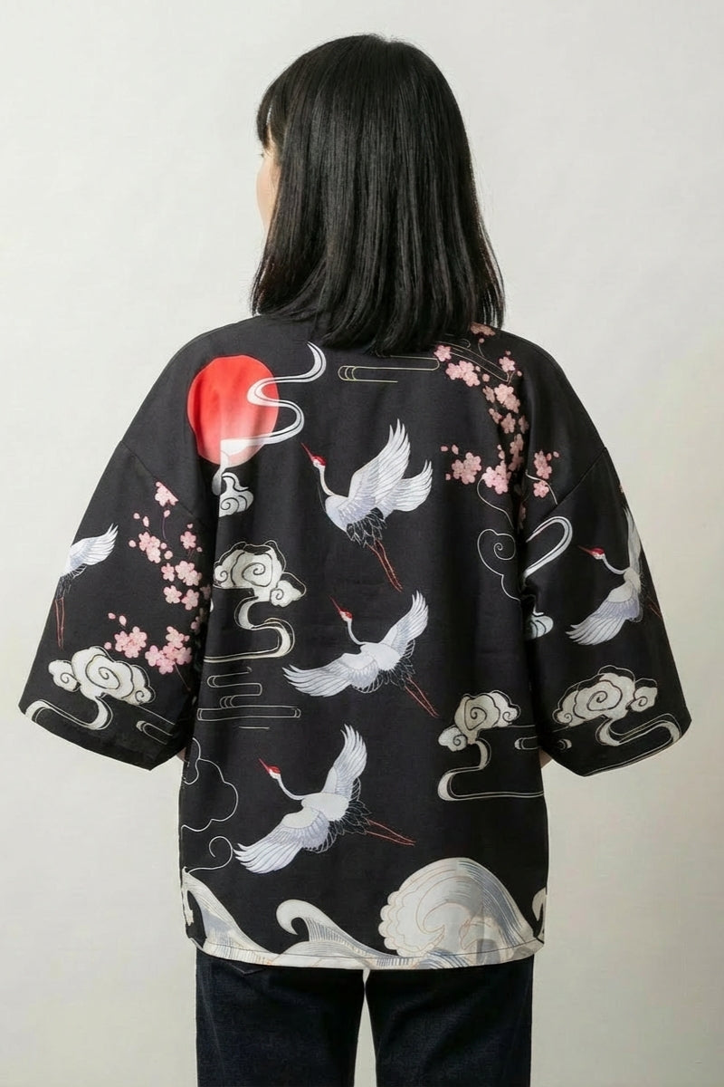 Veste femme kimono Osaka vue dos haori noir grues tsuru sakura soleil rouge streetwear japonais Japanstreet