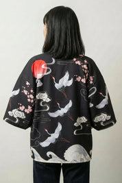 Veste femme kimono Osaka vue dos haori noir grues tsuru sakura soleil rouge streetwear japonais Japanstreet