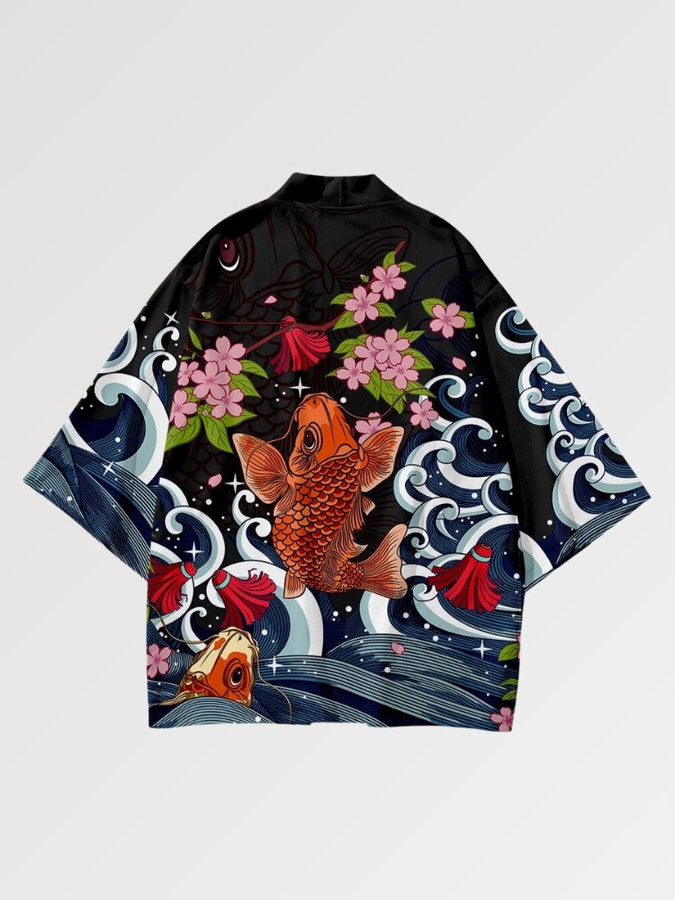Veste haori Carpe Koi x Sakura détail koi vagues cerisier rose style traditionnel japonais Japanstreet