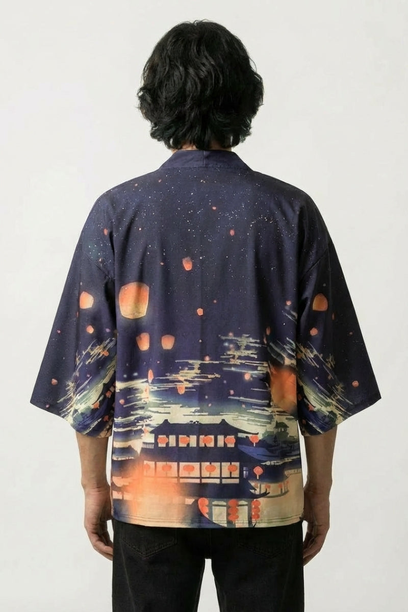 Veste haori homme Matsuri vue dos scène festival nuit lanternes chōchin orange marine coton manches trois-quarts streetwear japonais Japanstreet