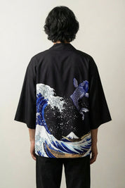 Veste haori Kanagawa détail vague Hokusai soleil orange motif Edo japonais Japanstreet