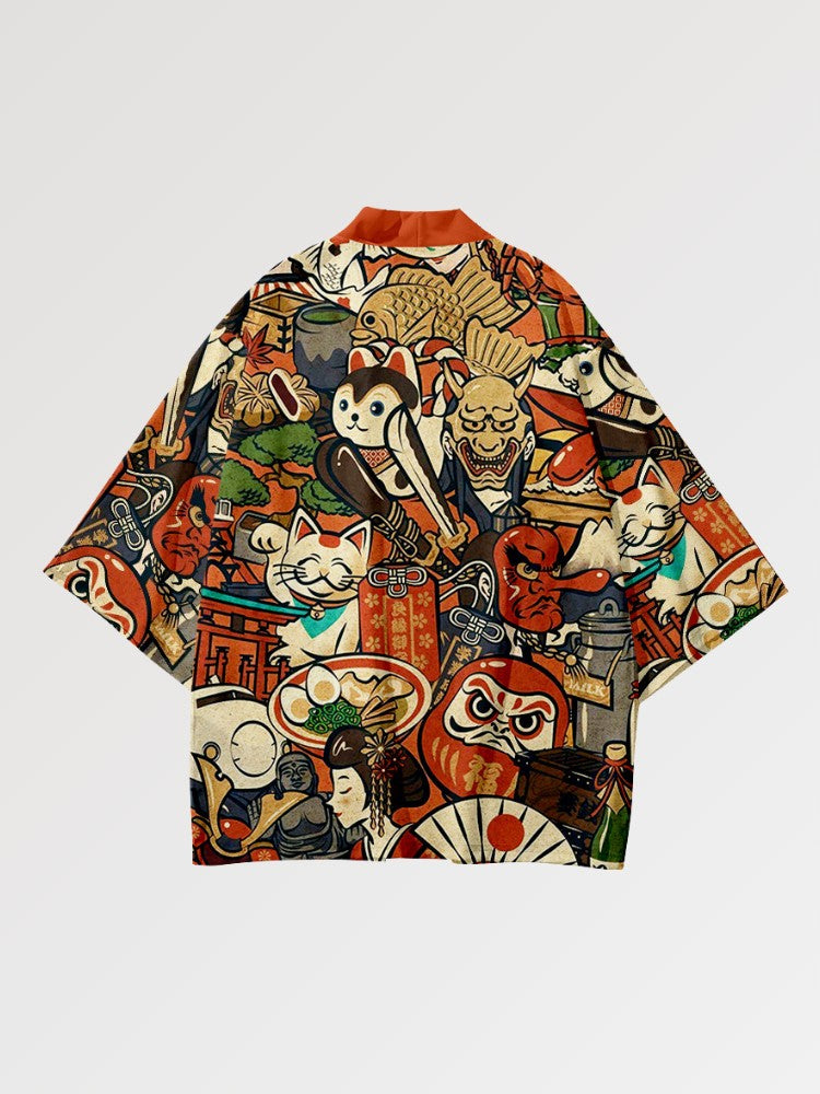 Veste haori Nihon no Shinboru détail des motifs anime daruma sushi maneki neko Japanstreet