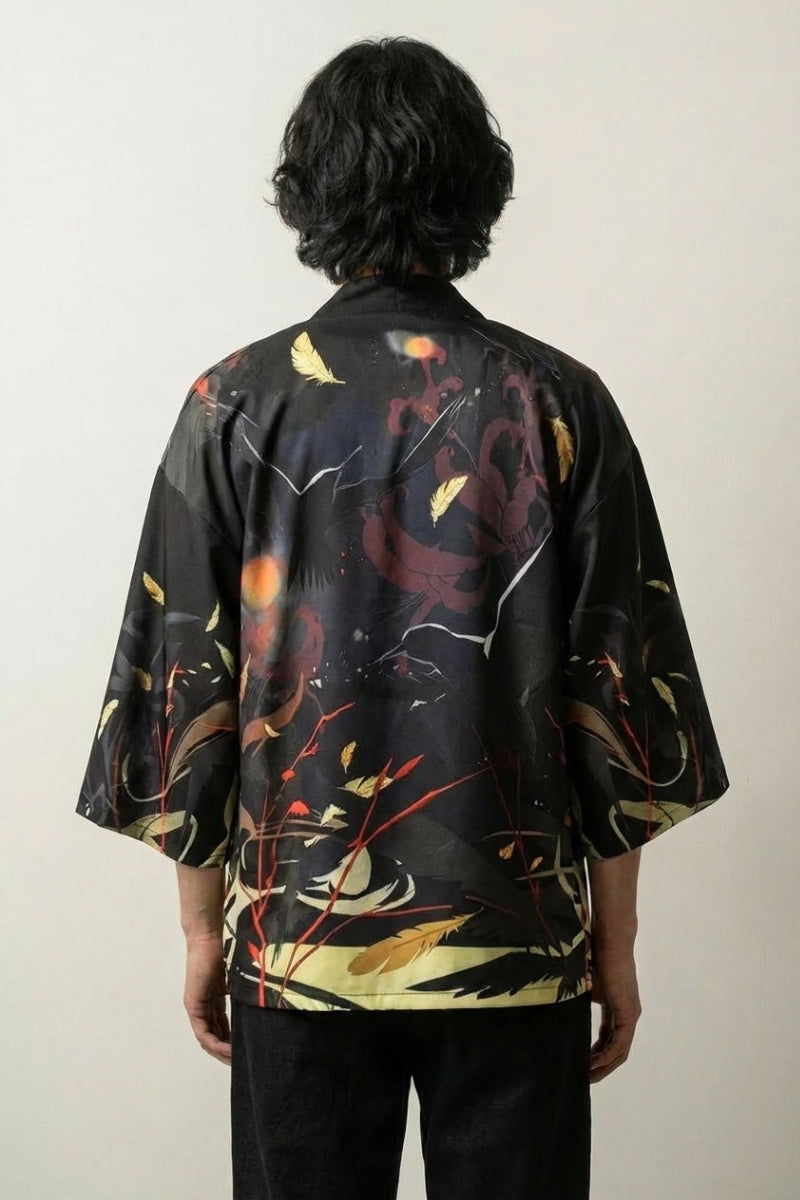 Veste haori noir homme Artefact vue dos motif dragon ryu rouge feuilles ginkgo noir coton manches trois-quarts streetwear japonais Japanstreet
