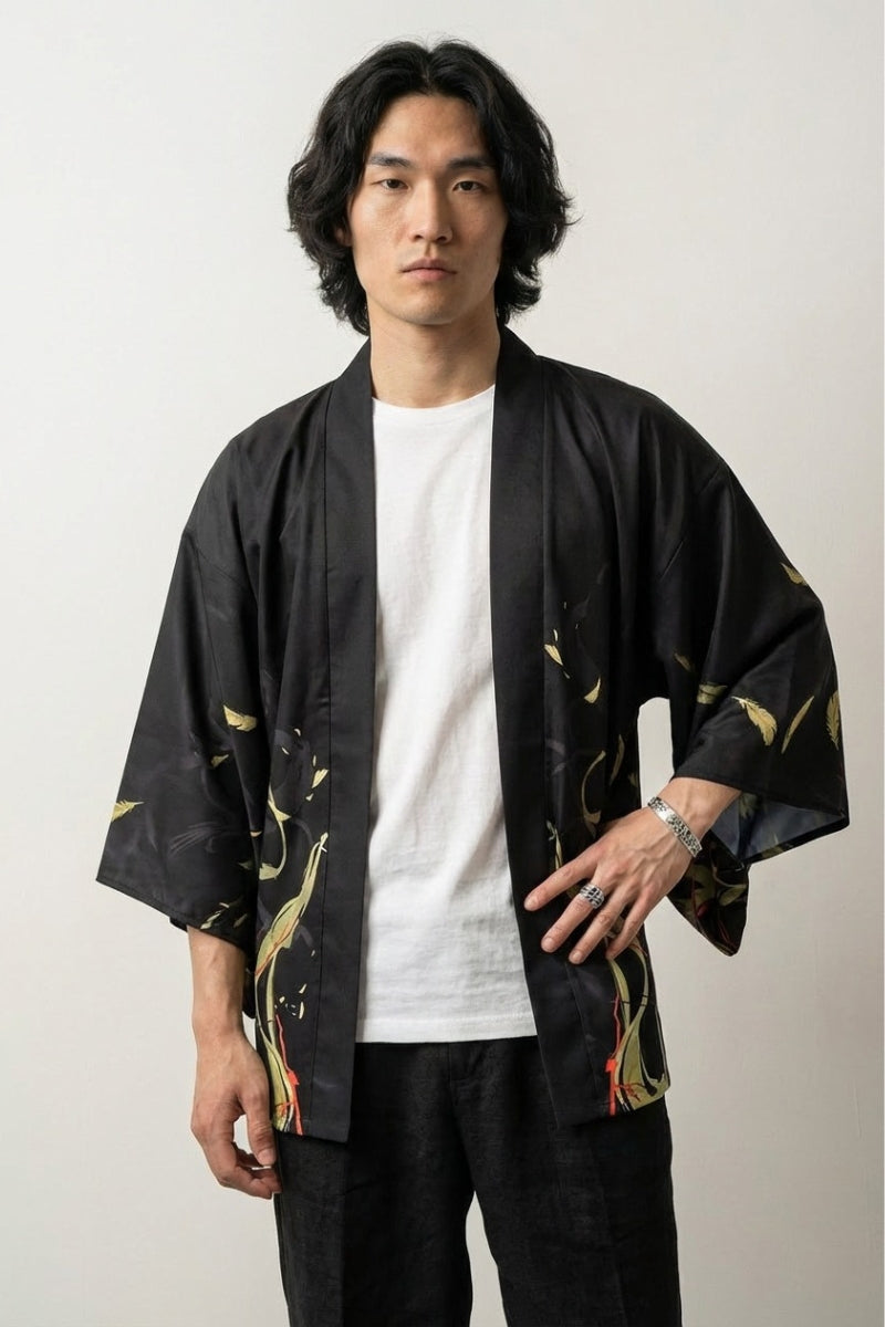Veste haori noir homme Artefact motif dragon ryu rouge feuilles jaunes ginkgo sur fond noir coton coupe haori manches trois-quarts streetwear japonais Japanstreet