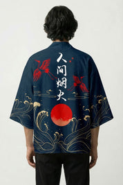 Veste haori Okinawa Édition vue de dos motif grues rouges soleil et kanji style japonais Japanstreet