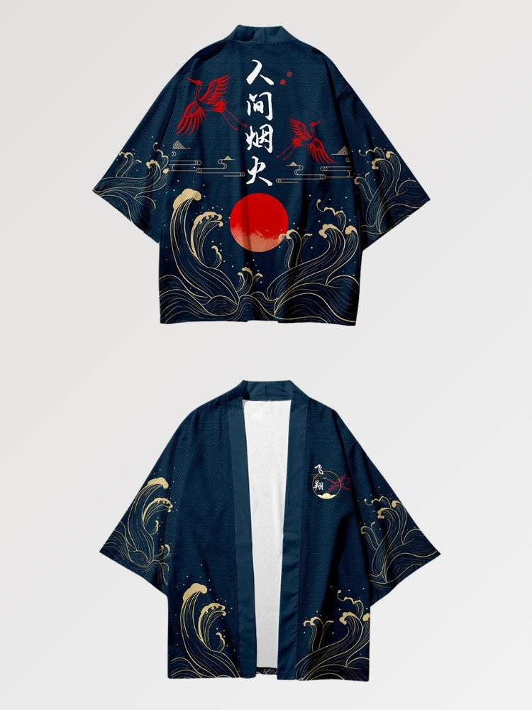 Veste haori Okinawa Édition japonaise bleu marine grues soleil levant Japanstreet