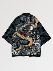 Veste haori The Ryu-Jin détail dragon serpentin bleu nuages dorés style nippon Japanstreet