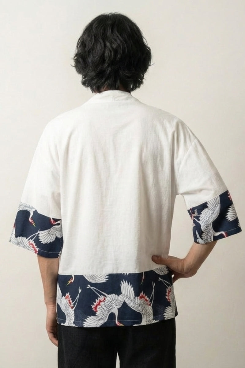 Veste japonaise homme Hisashi blanche vue dos empiècements grues tsuru streetwear japonais Japanstreet