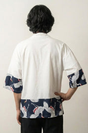 Veste japonaise homme Hisashi blanche vue dos empiècements grues tsuru streetwear japonais Japanstreet