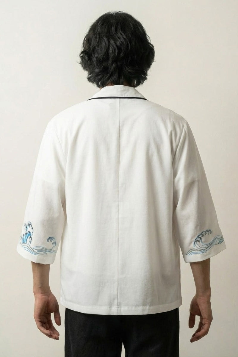 Veste kimono blanche Vague Kanagawa vue dos coton lin motif vague Hokusai brodé manches streetwear japonais Japanstreet