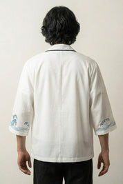 Veste kimono blanche Vague Kanagawa vue dos coton lin motif vague Hokusai brodé manches streetwear japonais Japanstreet